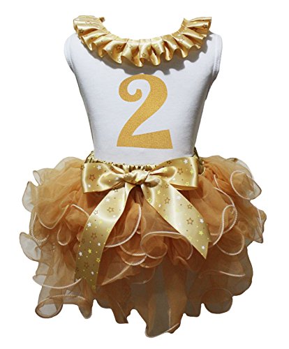 Vestido de cumpleaños caqui con estrellas de oro y falda de pétalos para niña
