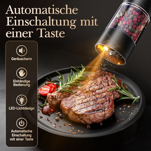 Variglas Salz und Pfeffermühlen Elektrische 2er Set mit USB Wiederaufladbarer,Verbesserte große Kapazität Gewürzmühle elektrisch,Einstellbare Grobheit,LED-Licht(01B)