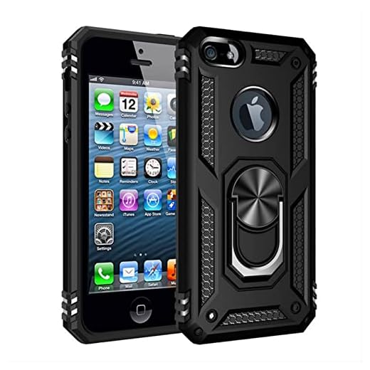 LXHGrowH Coque pour iPhone SE (2016), iPhone 5 / 5S, [Militaire Prévention des Chutes Protecteur], Anti-Rayures et Anti-Choc Armor, avec [360 Degres] Fonction Stand à Bague de Rotation, Noir