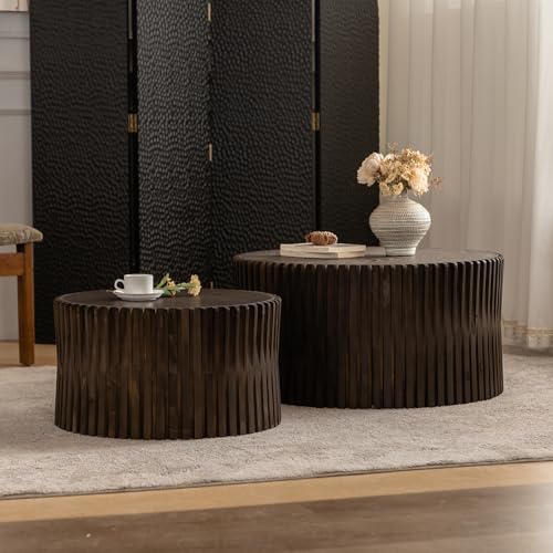 JUSTONE 31.5\'\' Round Coffee Table Set of 2,Nesting Coffee Table Set with Vertical Textured Embossed Design for Living Room, Office and Dining Room, Dark Brown (Set of 2) - Thumbnail 4