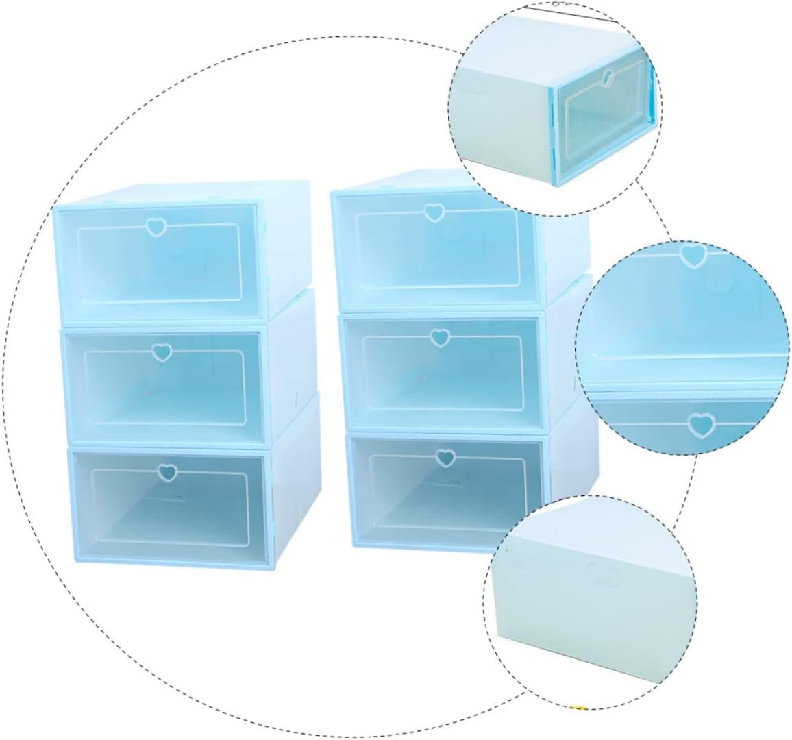 Healifty 6Pcs Transparent Creative Shoe Storage Boxes Stackable Plastic Drawer Type Containers for Women Blue Heart Design and Space Saving Shoe Organizer