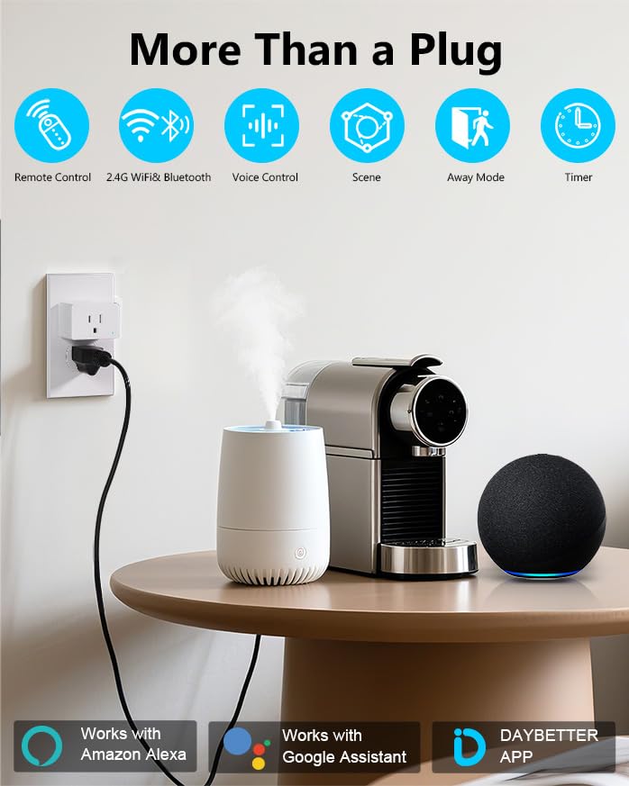 Diagram highlighting safety features and dimensions of the DAYBETTER Smart Plug.
