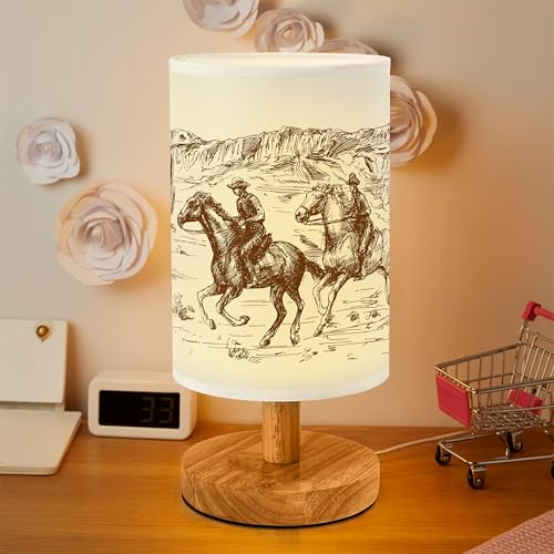 Imvertu Western Cowboy Bedside Table Lamp for Bedroom with USB Port, Vintage Cozy Kids Nightstand Lamp with Wood Base Polyester Fabric Shade for Living Room Dorm Desk (Brown)