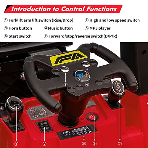 Garvee 12V Electric Ride on Forklift Car with Remote Control, Ride on Car with Liftable Fork and Pallet, High/Low Variable Speed, Music, USB, MP3, and Low-Power Alarm for Boys and Girls(No Tent,Red)