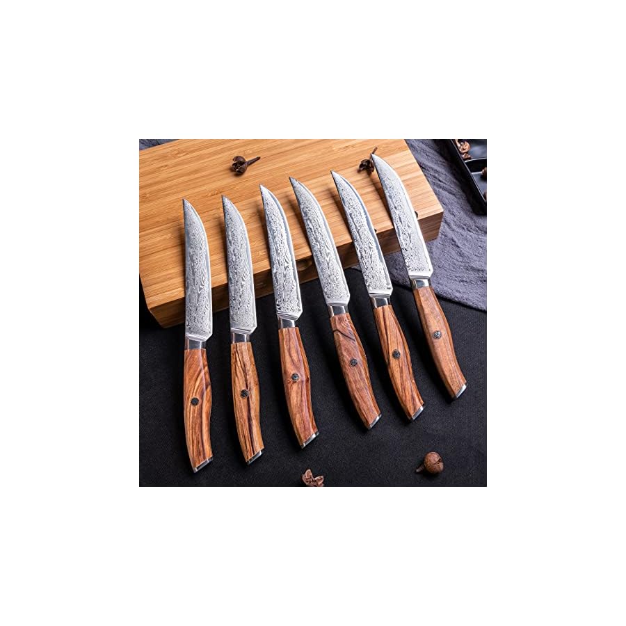 Fzkaly Steak Knives, 5" Steak Knives Set of 6, Damascus Steak Knives, Super Sharp Non-serrated Steak Knife Set in Gift Box, Full-Tang Ergonomic Olive Wood Handle