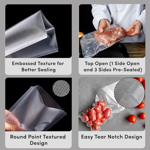 Image of Vacuum Pouches 14cm x 20cm, Pack of 100, One Side Dotted Embossed BPA Free Microwaveable Transparent Food Storage Vacuum Sealer Bags for Food 90 Micron Thickness, Capacity Approx. 250gm