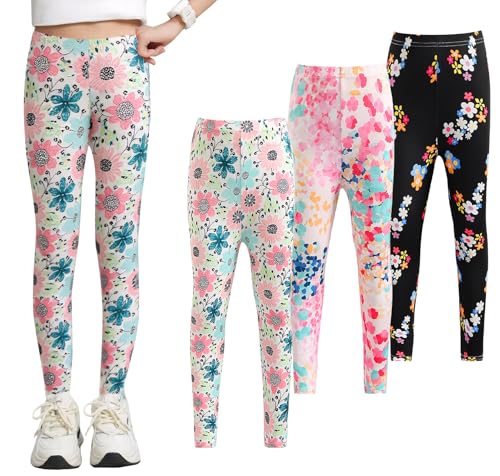 Image of NEAWEALY Kid Leggings Girls Yoga Tights Pants Floral Printed Stretchy Leggings Sports Trousers 3-Pack 4-5Y
