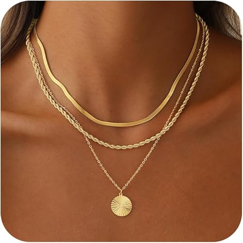 LEXODY Layered Gold Necklaces for Women, Stackable Stack 14K Gold Plated Herring