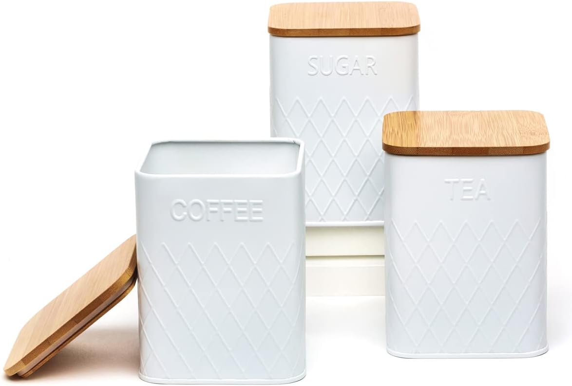 Kitchen Canisters, Canisters for Kitchen Counter, Coffee Sugar Tea Canister, White Black Gray Canisters for Countertop, Set of 3, Airtight Modern Tin Metal Kitchen Canister Set