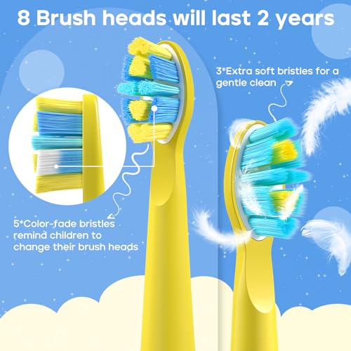 Seago Kids Electric Toothbrush 3 5 6 8 9 10 12, Childrens Rechargeable Battery Toothbrushes with Funny DIY Stickers, 2 Mins Timer, 8 Replacement Brush Heads, for Boys Girls Teenagers, SG2303(Yellow) - Image 2
