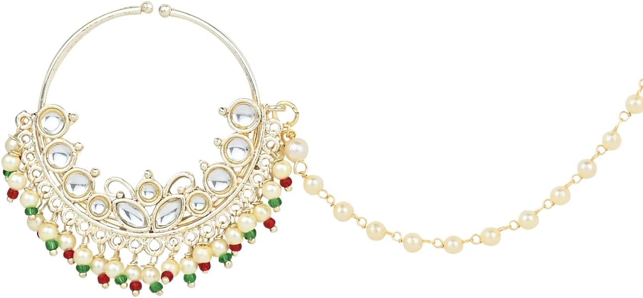 I Jewels Indian Wedding Bollywood Gold Plated Traditional Ethnic Bridal Nose Ring/Nath Without Piercing with Pearl Chain Encased with Pearl Stone for Women/s (NL62-70,71,72) - Image 5