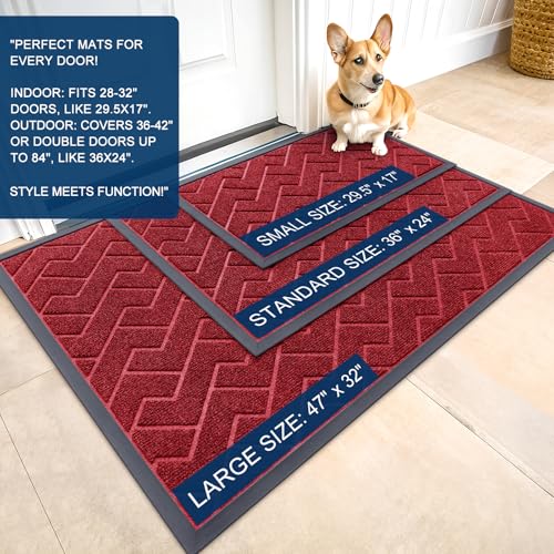 Image of OLANLY Front Door Mat Indoor Outdoor Entrance, Waterproof All-Season, All-Weather Doormat, Sturdy Natural Rubber, Low Profile, Easy Clean Patio Porch Entryway Mat, Herringbone Brick (Wine Red, 71x47)