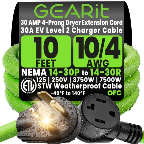 GEARit 30 Amp Dryer Extension Cord, NEMA 14-30 Extension Cord 4 Prong, NEMA 14-30P to 14-30R...