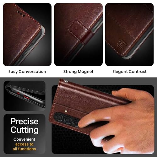 Image of FLIPPED Vegan Leather Flip Case Back Cover for Samsung Galaxy M17 5G | A17 5G | F17 5G (Flexible, Shock Proof | Hand Stitched Leather Finish | Card Pockets Wallet & Stand | Tan with Brown)