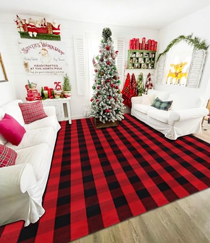 Ckorzen Red and Black Plaid Rug, 8' x 10' Christmas Front Porch Outdoor Rug, Handwoven Cotton Washable Rug for Layered Door Mats, Holiday Entryway and Home Décor