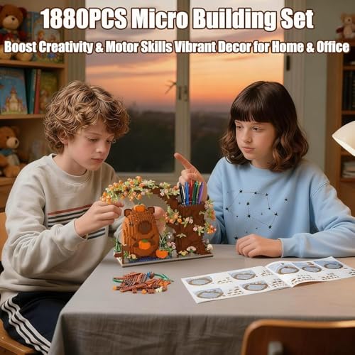 Image of SKY LINE OCEAN Capybara Building Blocks Set, 1880+ PCS Cute Animal Mini Bricks Kit, Capybara with Flowers Tree, DIY Desk Organizer Pen Holder Toy for Ages 14+ | 5 Year Structural Warranty