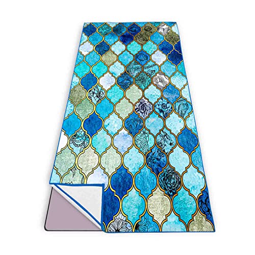 Prukivra Non Slip Yoga Towel With Anchor Fit Corners,Mat Sized,Sweat Absorbent,Microfiber Hot Yoga Towel For Women & Men,71" L X 26" W,Teal Blue Diamond #TOP7