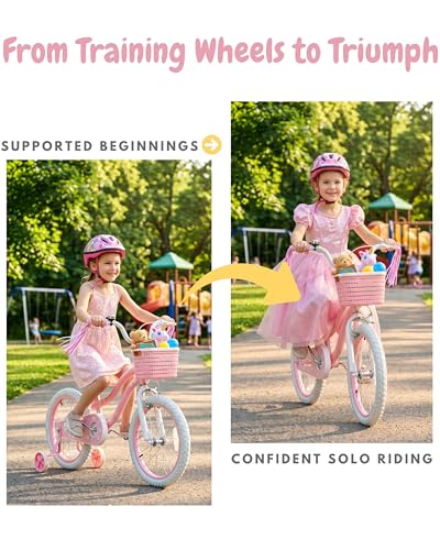 Image of bicystar Girls Bike Ages 2-8, 12-18 Inch with Training Wheels, Pink /Blue | Removable training wheels, basket and streamers, carbon steel frame, adjustable seat & handlebar, coaster or hand brake