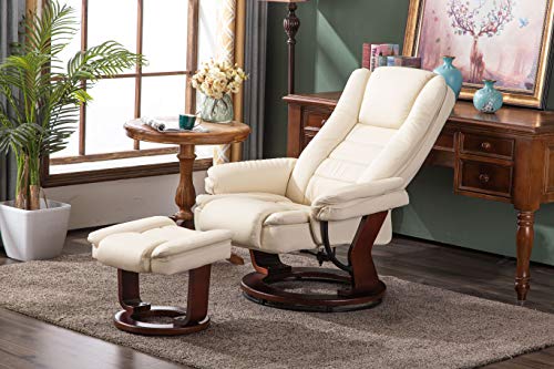 Mcombo Recliner With Ottoman Chair Accent Recliner Chair With Vibration Massage, Removable Lumbar Pillow, 360 Degree Swivel Wood Base, Faux Leather 9096 (Cream White) #TOP7