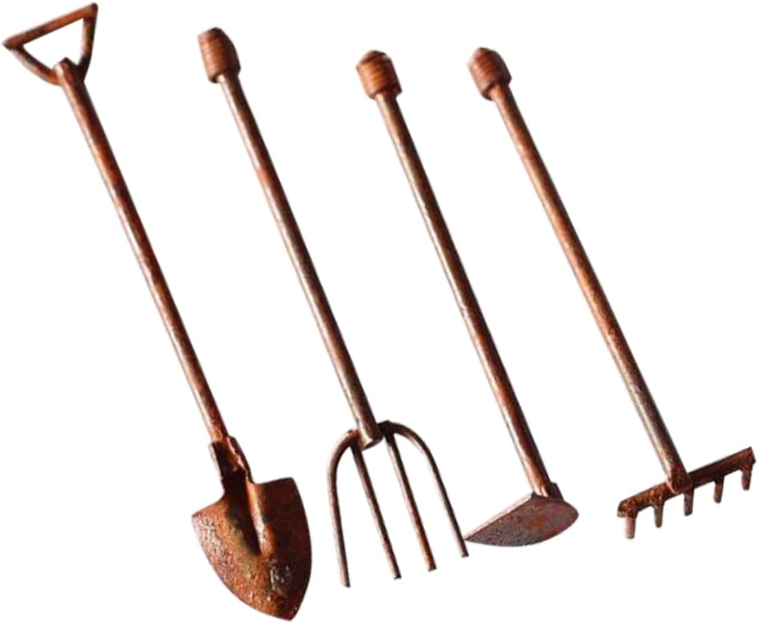 Mikikit 4Pcs Miniature Garden Tools Vintage Metal Micro Landscape Decor for Mini Garden for Indoor and Outdoor Use for Creating Unique Landscapes