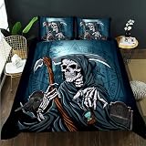 AILONEN Skull Duvet Cover Set King Size, Reaper Grim with Hourglass Bedding Set for Kids Boys,Ghost Skull Comforter Cover,Skeleton Bones Duvet Cover,3 Pieces,1 Quilt Cover and 2 Pillowcases