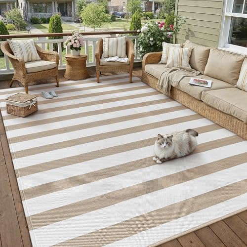 PureCozy Outdoor Waterproof Patio Rug 6x9 Plastic Straw Reversible Lightweight Outside Beige Stripe Large Carpet Outdoor for Camping RV Porch Deck Balcony Beach