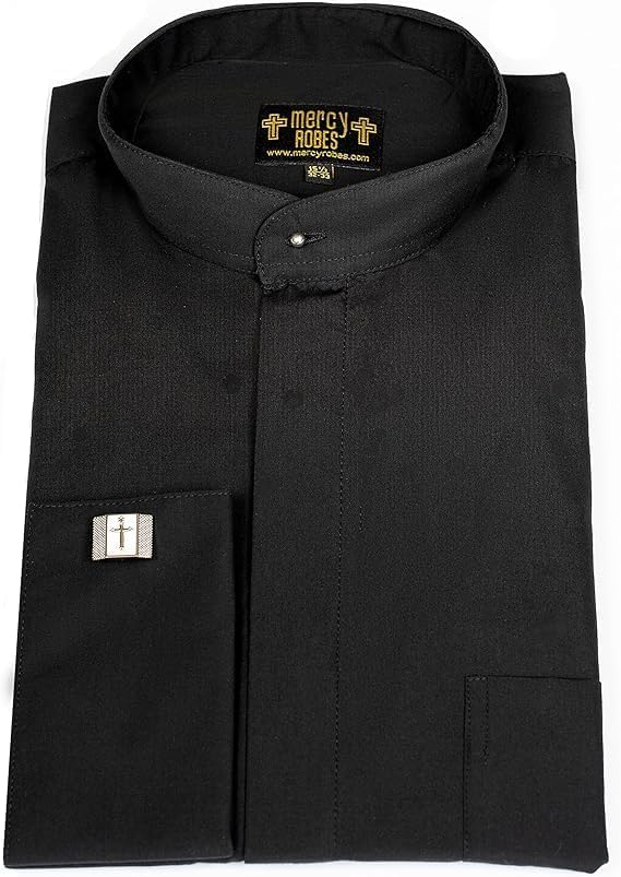 Mens Long Sleeve French Cuff Roman Pontiff Full Collar Shirt (Black)