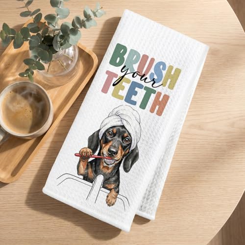 Image of 2 Pcs Funny Dachshund Hand Towel for Bathroom 24x14 Inch, Dachshund Gifts Reusable Dish Cloth Towel, Waffle Weave Hand Towels for Toilet Home Bathroom Decor, Weiner Dog Gifts for Women Mom Friend