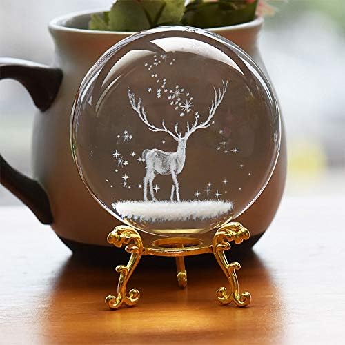 3D Elk Crystal Ball with Stand K9 Crystal Sphere Deer Paperweight Ball for Birthday Home Office Decor (60MM Silver Base)