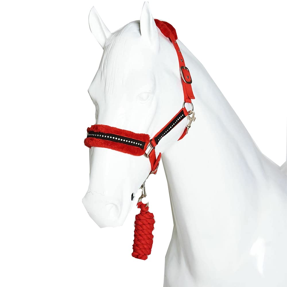 Fluffy Headcollar and Leadrope Set - Diamante Soft Fur Padded Halters for Horses - Super Flexible and Adjustable Pony Controller Equipment for Training and Outdoor Riding (Cob, Red)