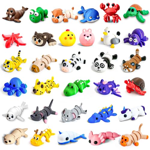 AQXYTK 32 pcs Mini Animal Figurines Set, Flexible Articulated Mini 3D Printed Animal Figurines, Cute Desk Decor Figurines, Unique Animal Collection for Office & Home Display, Party Favors Bulk