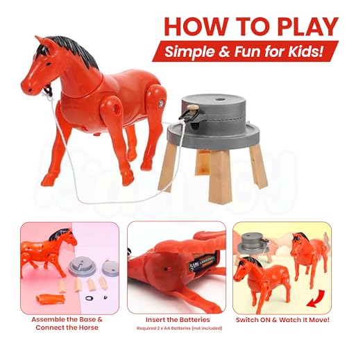Image of Kidology Kids Electric Rotating Horse Toy | Battery Operated Horse Playset with Mill, Flexible Joints & Realistic Grinding Action | Interactive Farm Animal Toy for Boys & Girls Pack of 1