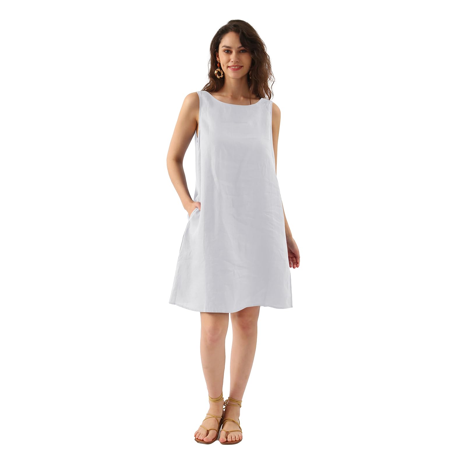 Amazhiyu Leinenkleider Damen Sommer Knielang Leinen A Linien Kleid