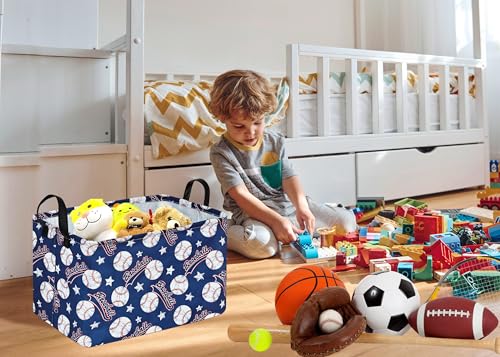 Image of Blue Baseball Pattern Storage Basket Gift Laundry Bins Collapsible Storage Baskets Box Laundry Nursery Hamper for Home and Office Decoration with Handles