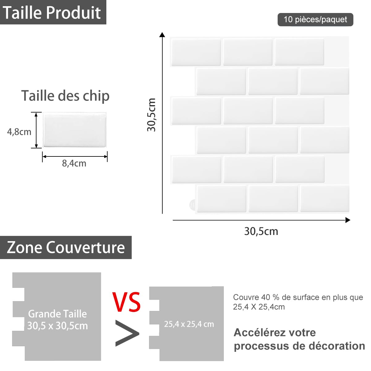 10 Pcs Blanc Sticker Carrelage Adhesif Mural 3d Cuisine Salle de Bain (30.5x 30.5cm)