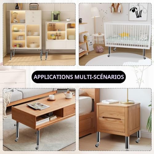 Domigard Lot de 4 rehausseurs de pieds de table avec roulettes en métal avec pince à vis réglable pour canapé, table, chaise, carré/rond, diamètre adapté à moins de 3,6 cm – vue 5
