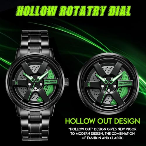 Image of V2A Velocity Wheel Rolling Series Men's Analog Watch Open Dial Watch - Car Wheel-Inspired Design, Hollow Out Elegance Casual Watch for Men | Gift for Men (Black-Green)