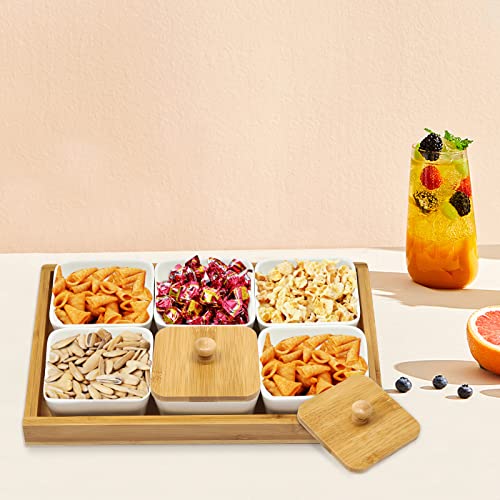 6 Pcs Ceramic Snack Serving Tray Square Condiment Dish Rack Organizer Set with Bamboo Lids Removable Snack Bowls Serving Platter for Home Kitchen Snacks Condiments Food Candy Organization