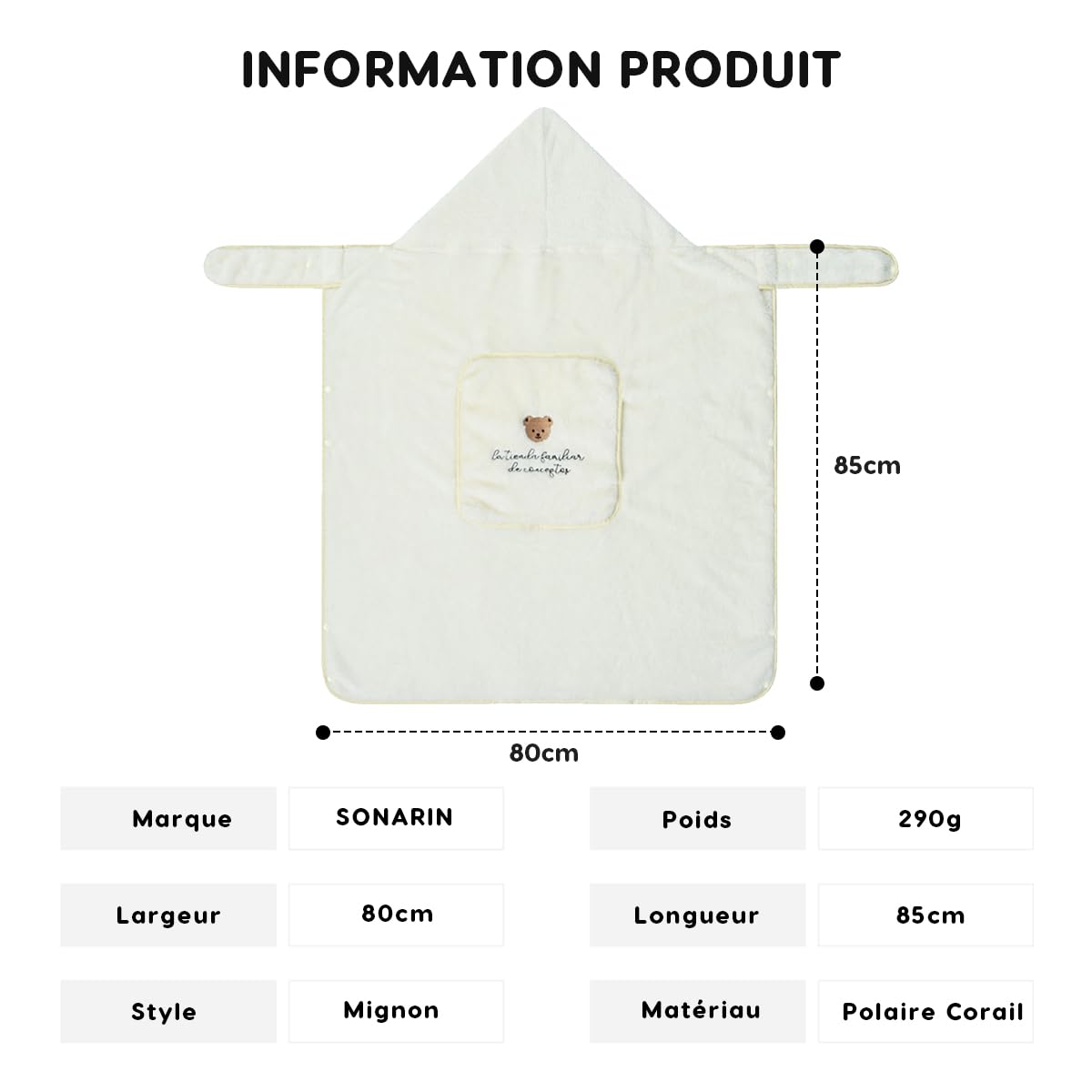 SONARIN Mignonne Couverture pour Porte Bébé,Chaude Coupe-Vent Housse de Porte-Bébé Hiver avec Capuche,Universelle Cape de Transporteur Chancelière avec Poche Avant(Ours)