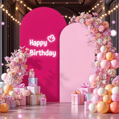 Image of Pink and Hot Pink Arch Cover 2 Set - 7.2FT and 6FT Arch Backdrop Cover Spandex Fitted Wedding Arch Stand Covers for Baby Shower Girls Birthday Party Photo Balloon Arch Covers Stretchy Backdrop