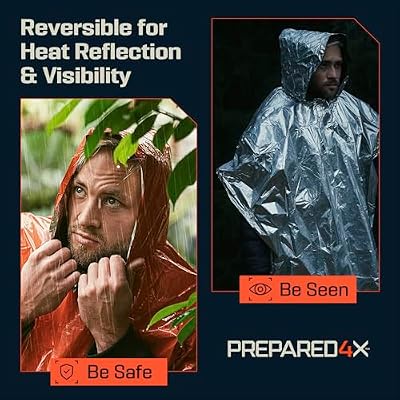 PREPARED4X Emergency Mylar Poncho Survival Rain Poncho with Hood Lightweight, Compact, Reusable Emergency Blanket Poncho for Hiking, Camping, Thermal Gear, Car Kit, Outdoors