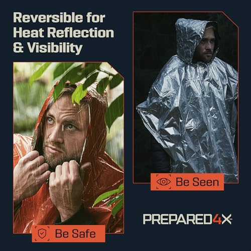 PREPARED4X Emergency Mylar Poncho – Survival Rain Poncho with Hood – Lightweight, Compact, Reusable Emergency Blanket Poncho for Hiking, Camping, Thermal Gear, Car Kit, Outdoors – 10 Pack (Orange)