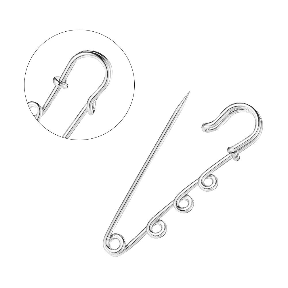 LiQunSweet 10 Pcs Iron 3 Holes Metal Brooch Safety Pins Fasteners Skirt Kilt Catch Pins Findings Platinum Color for Garment Art Jewelry Making Craft - 52mm(2")