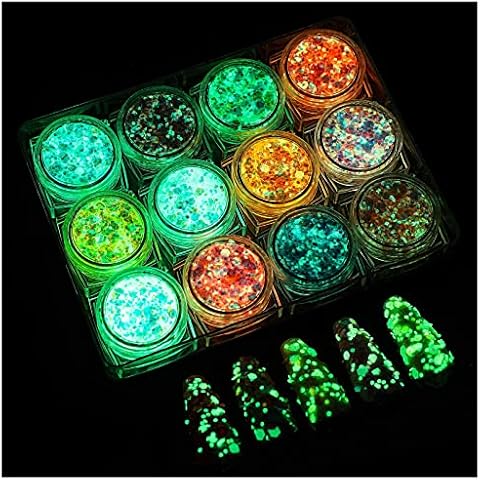 Glow in The Dark Body Face Glitter Gel, 12 Colors Luminous Iridescent Chunky Glitter, Self-adhesive UV Black Light Glitter for Body/Face/Hair/Eyeshadow, Glitter for Carnival Party Halloween Makeup Cover