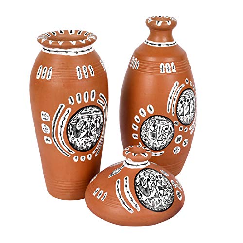 Image of Aakriti Art Creations Vase Earthen Natural Warli Set of 3 | Handmade Terracotta Flower Vases | Natural Brown Matte Finish Warli Art Decorative Vases for Living Room, Table Decor & Gifting