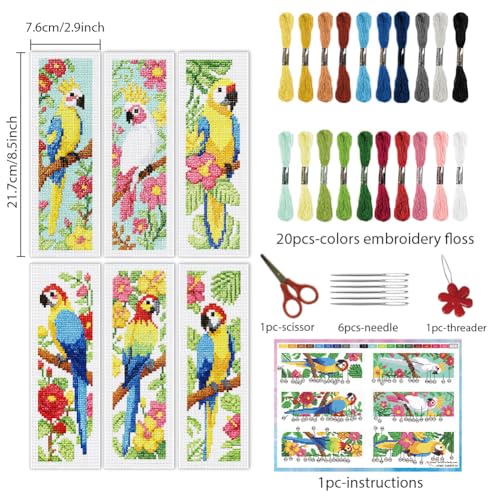 Image of INFUNLY 6PCS Parrot Cross Stitch Bookmark Kits 3x8.5inch Bookmark Making Kit for Beginners Birds DIY Stamped Embroidery Bookmarks with Instruction for Book Lovers Reader Writers