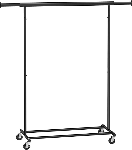 SONGMICS Wieszak na ubrania do dużych obciążeń, wieszak na kółkach, obciążenie do 90 kg, z wysuwanym drążkiem na ubrania, składana podstawa, możliwość przechowywania pudełek,