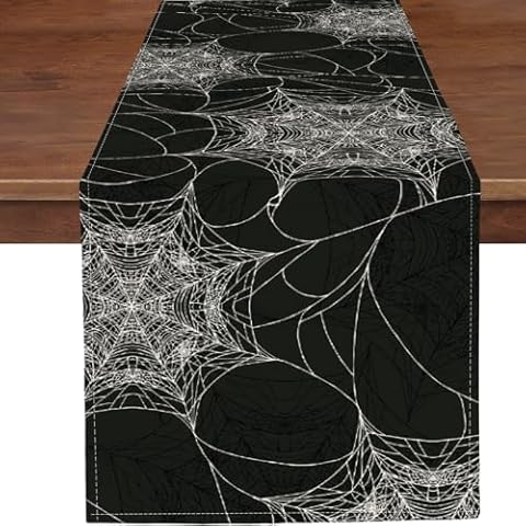 PROCIDA Halloween Spider Web Table Runner Fall Grey Burlap Table Runners Autumn Rustic Kitchen Dinning Decor for Holiday Home Party Indoor Outdoor 13x36 Inch Cover