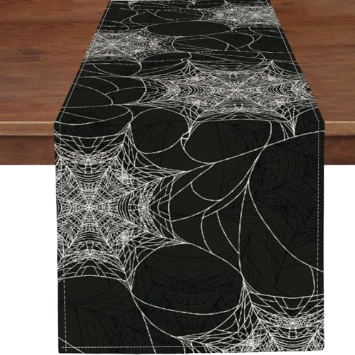PROCIDA Halloween Spider Web Table Runner Fall Grey Burlap Table Runners Autumn Rustic Kitchen Dinning Decor for Holiday Home Party Indoor Outdoor 13x36 Inch