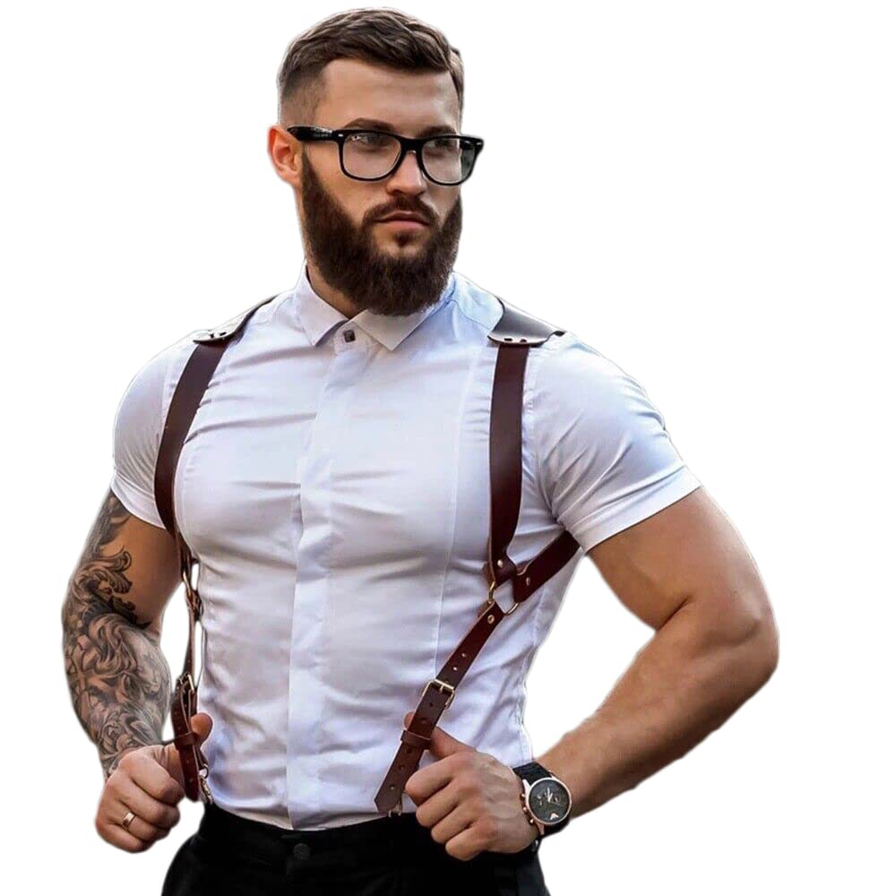 ALRICOL Men leather body belts Punk Adjustable Faux Leather Body Chest Belt Clubwear with Fancy Buckles Rings for Gay